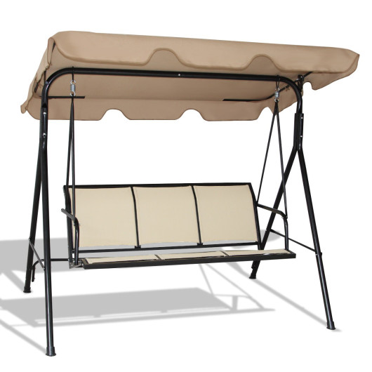 3 Person Steel Frame Patio Swing with Polyester Angle and Adjustable Canopy-Brown