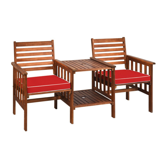 3 pcs Outdoor Patio Table Chairs Set Acacia Wood Loveseat-Red