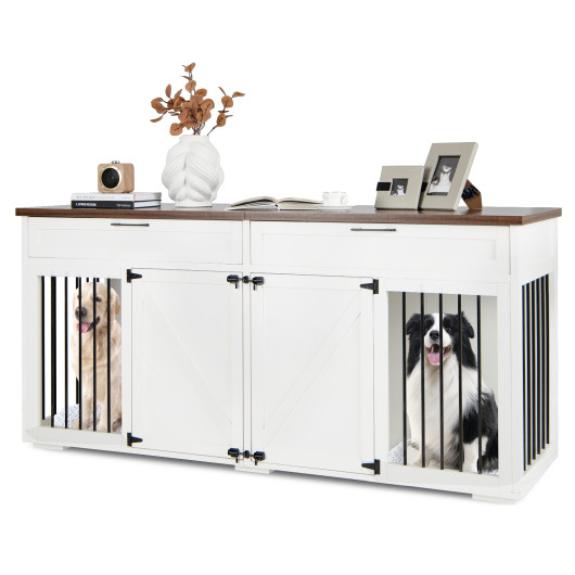 Double Dog Crate Furniture Large Breed Wood Dog Kennel with Room Divider-White