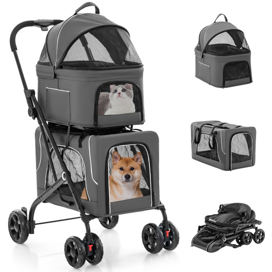 Double Pet Stroller Foldable 3-in-1 Dog Stroller with 2 Detachable Carriers-Gray