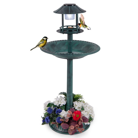 Pedestal Bird Bath with Solar Light with Bird Feeder and Flower Planter-Green
