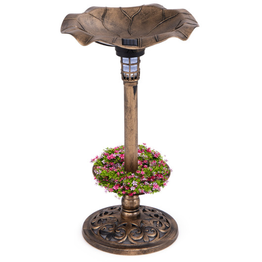 Standing Pedestal Birdbath and Feeder Combo with Lotus Leaf Bowl-Bronze