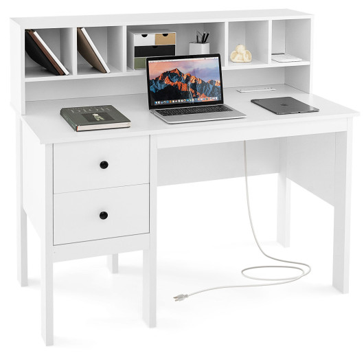 48 Inch Computer Desk with Drawers Power Outlets and 5-Cubby Hutch-White