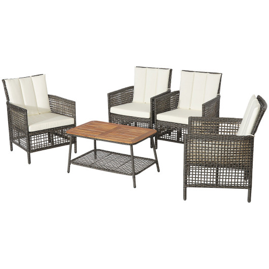 5 Pieces Patio Rattan Furniture Set Cushioned Sofa Armrest Wooden Tabletop-Off White