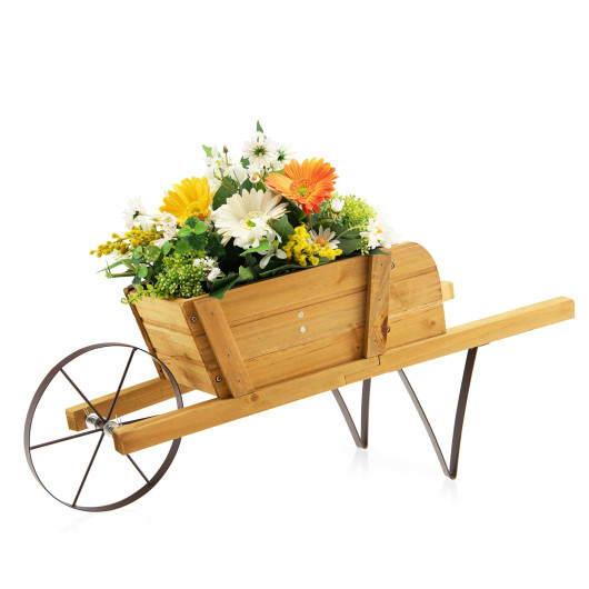 Wooden Wagon Planter with 9 Magnetic Accessories for Garden Yard-Walnut