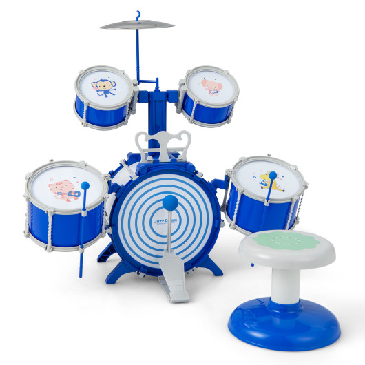 Kids Drum Set Educational Percussion Musical Instrument Toy with Bass Drum-Blue