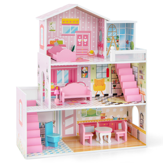 Kids Wooden Dollhouse Playset with 5 Simulated Rooms and 10 Pieces of Furniture-Pink