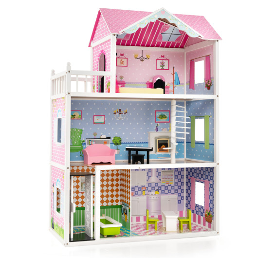 Wooden Dollhouse with Working Elevator and Rotatable Staircase-Pink