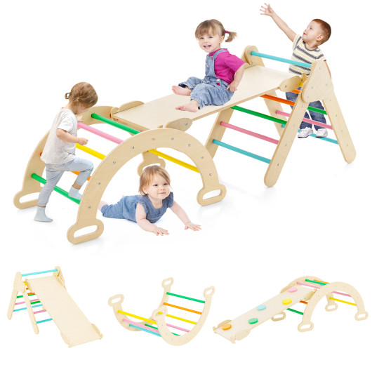 2-in-1 Wooden Kids Climber Toys with Triangle Arch Ramp-Multicolor