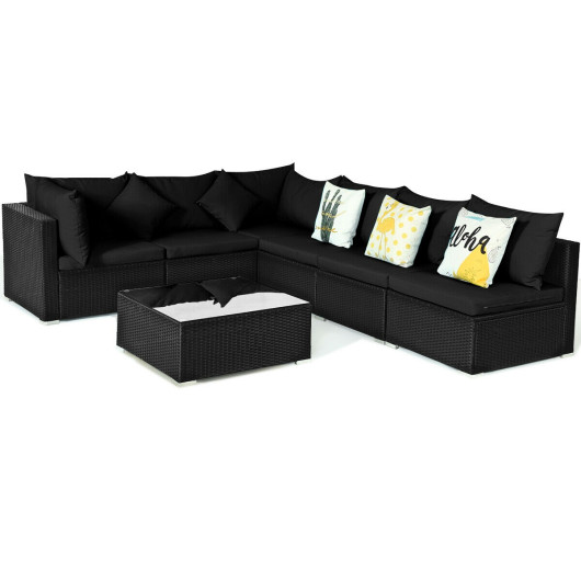 7 Pieces Outdoor Sectional Wicker Patio Furniture Sofa Set with Tempered Glass Top and Softy Cushions-Black