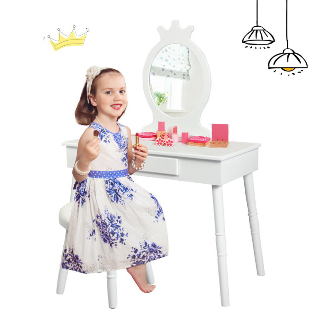 Kids Wooden Princess Makeup Table with Cushioned Stool - Costway