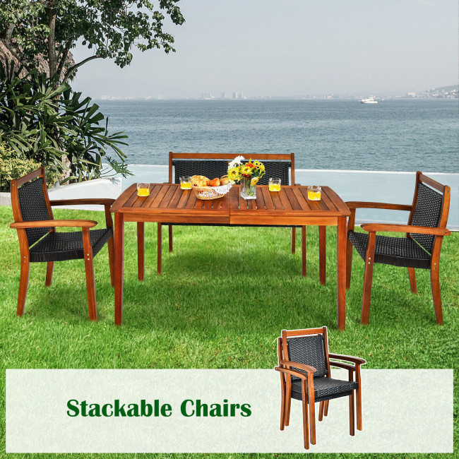 4 Pieces Patio Rattan Dining Furniture Set with Acacia Wood Frame Chair
