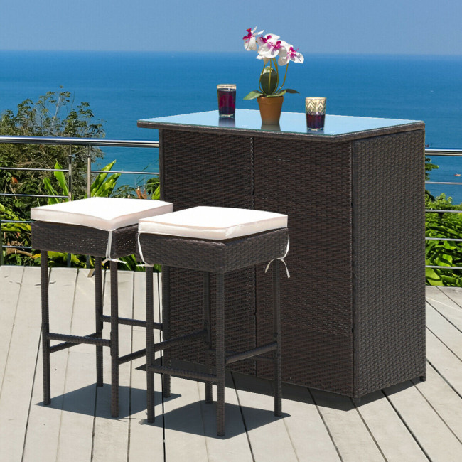 GOPLUS 3PCS Rattan Wicker Bar Set Patio Outdoor Table & 2 Stools Furniture Brown 