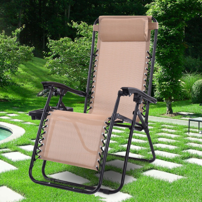 2 Folding Zero Gravity Reclining Lounge Chairs+Utility Tray Outdoor Beach Patio 