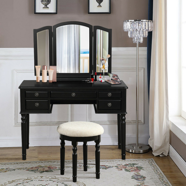 Details about   Black Wooden 3 pc Vanity Set Tri Fold Mirror Table Stool Makeup Drawer Bedroom 