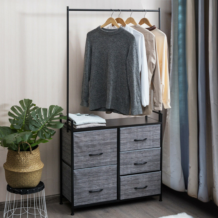 5 Drawers Fabric Dresser With Hanger Metal Top Storage Closet