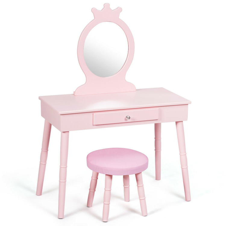 Kids Wooden Princess Makeup Table With, Princess Vanity Set With Mirror And Bench