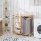Bamboo Laundry Hamper Stand with Removable Sliding Bag and 3-Tier Open Shelves