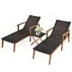 3 Pcs Patio Wooden Frame Rattan Lounge Chaise Chair Set with Folding Table