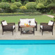 4 Pieces Patio Rattan Acacia Wood Furniture Set with Cushions and Armrest