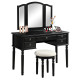 Tri-Fold Mirror Wooden Vanity Set Makeup Dressing Table with Stool and 5 Drawers