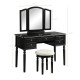 Tri-Fold Mirror Wooden Vanity Set Makeup Dressing Table with Stool and 5 Drawers