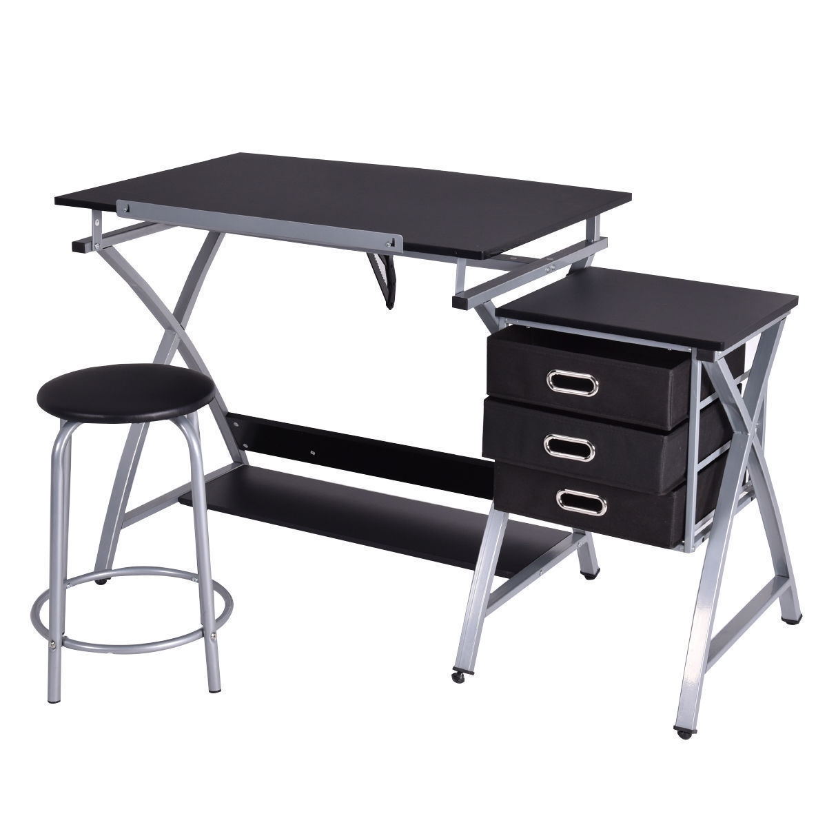 Drafting Table Art & Craft Drawing Desk Art Hobby Folding Adjustable w/ Stool-Black