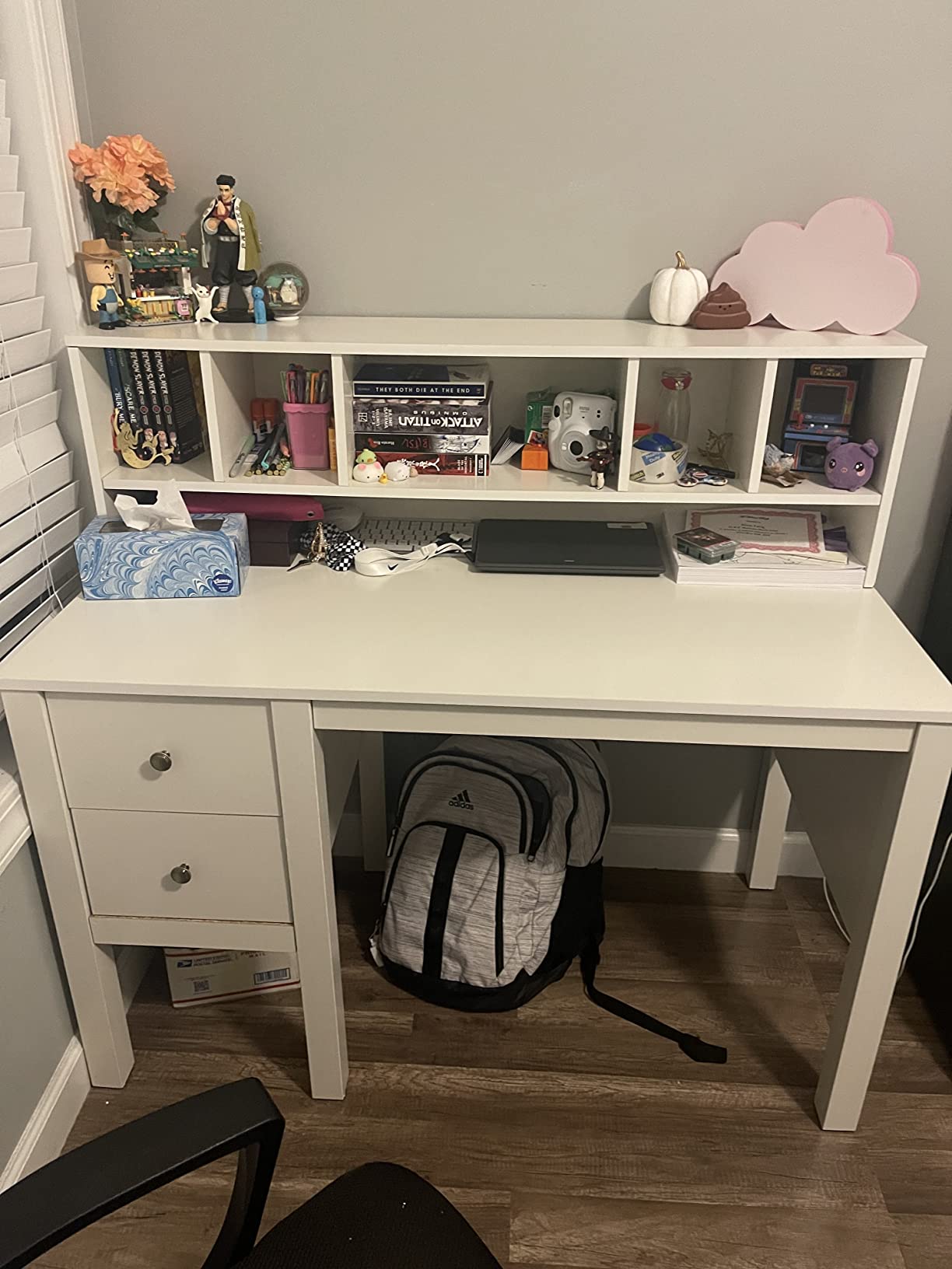 48 Inch Computer Desk with Drawers Power Outlets and 5-Cubby Hutch