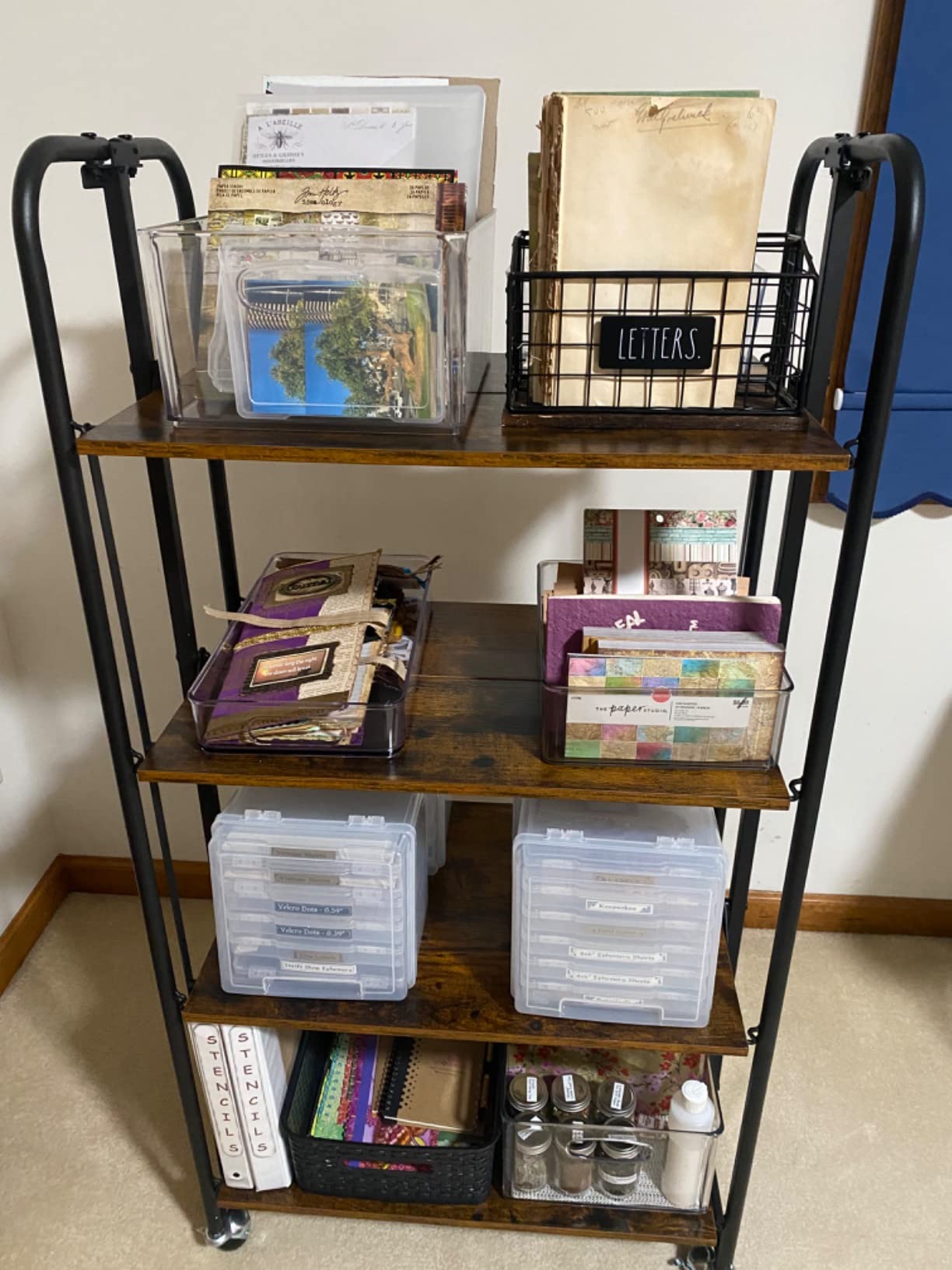 Good sturdy storage, easy to move, wide enough between shelves for my taller craft supplies