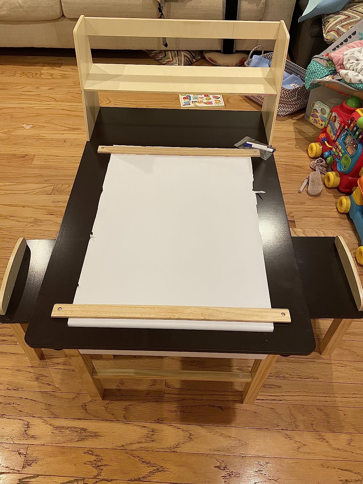 Costway Kids Art Table & Chairs Set Wooden Drawing Desk with Paper - See Details - Coffee + Natural