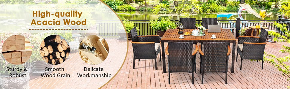 7 Pieces Patio Rattan Dining Set with Armrest Cushioned Chair and Wooden Tabletop