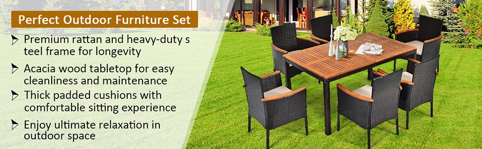 7 Pieces Patio Rattan Dining Set with Armrest Cushioned Chair and Wooden Tabletop