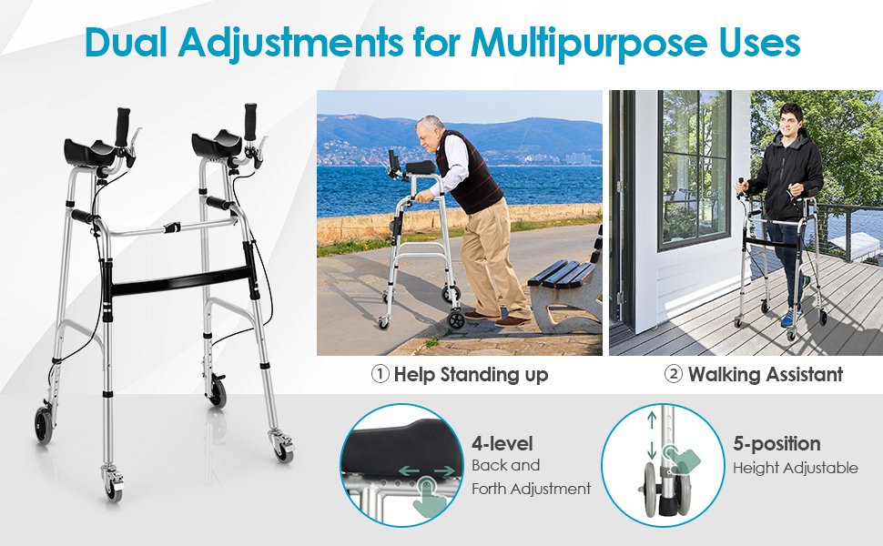 Height Adjustable Folding Walker with 5 Inch Wheels and Padded Armrest