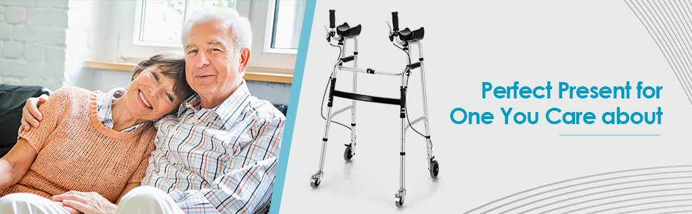Height Adjustable Folding Walker with 5 Inch Wheels and Padded Armrest