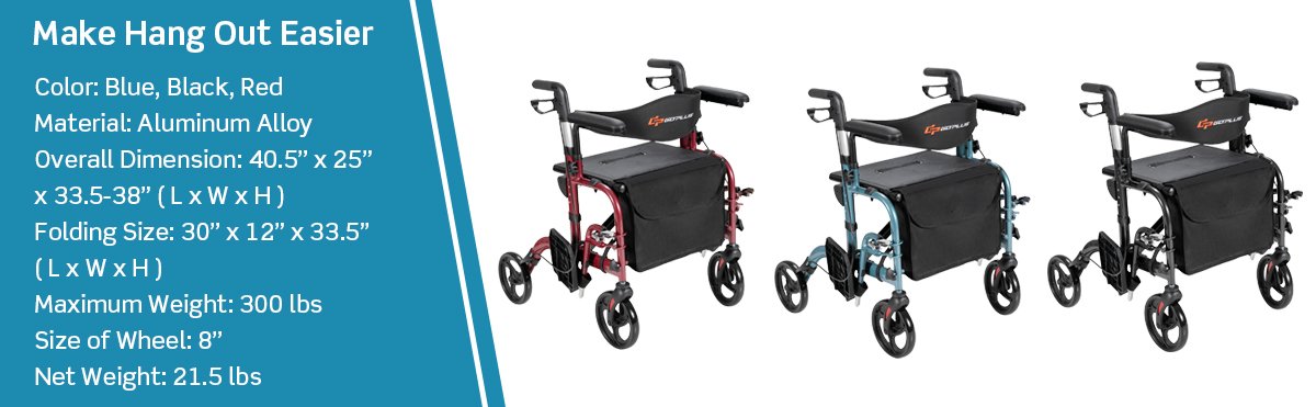2-in-1 Folding Rollator Walker with Large Seat and Reversible Backrest