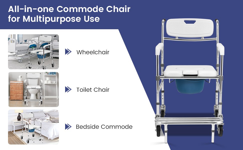 Multifunctional Rolling Commode Chair with Removable Toil