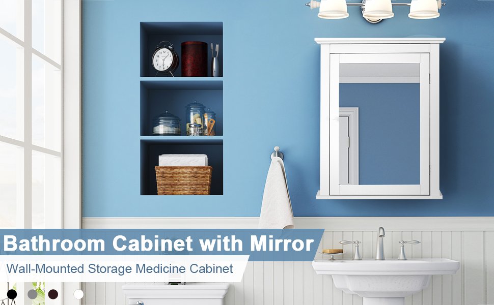Wall Mounted Bathroom Mirror Cabinet with 5-level Height-adjustable Shelf